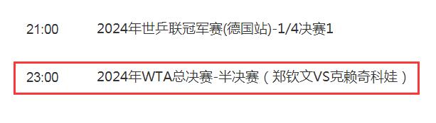 2024WTA年终总决赛半决赛直播频道平台 郑钦文vs克雷吉茨科娃直播观看入口地址